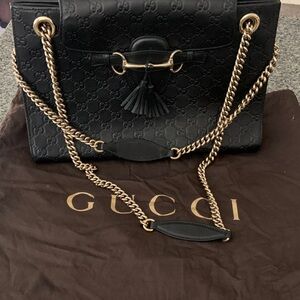 Gucci Black Embossed Leather Shoulder Bag with Gold Chain